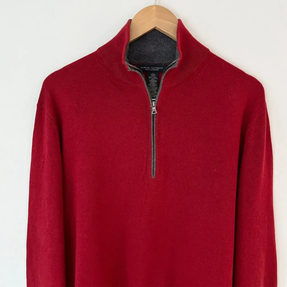 Mens Banana Republic Silk Cashmere Half Zip Pullover Sweater Red Sz L Preppy